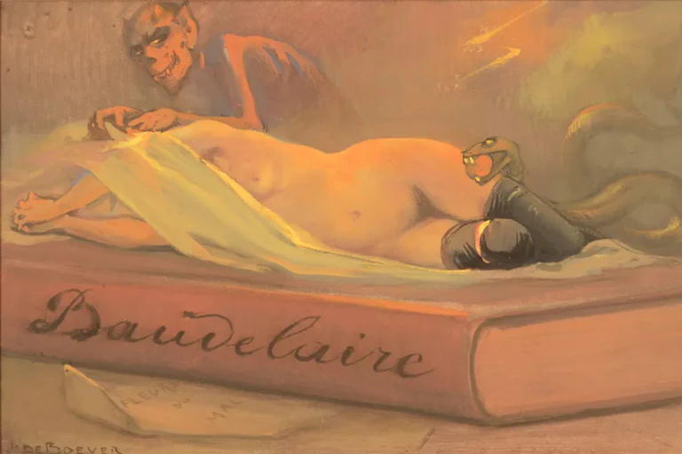 Dessin d'un démon recouvrant une femme nue sur un livre de Baudelaire.