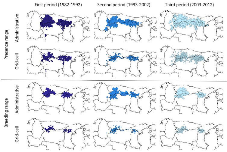 Mapa de distribución de osas con crías donde se observan los cambios en los periodos estudiados.