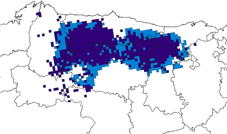 Mapa con la distribución de los osos pardos en 2013-2022 y 2013-2021 en azul.