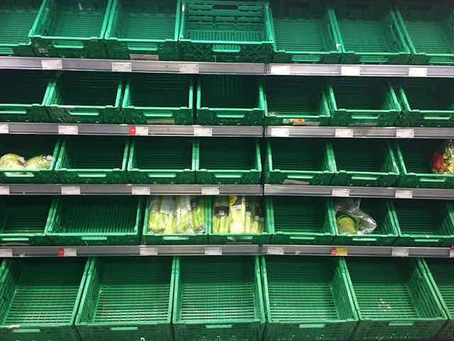 A supermarket produce shelf showing many empty green produce crates