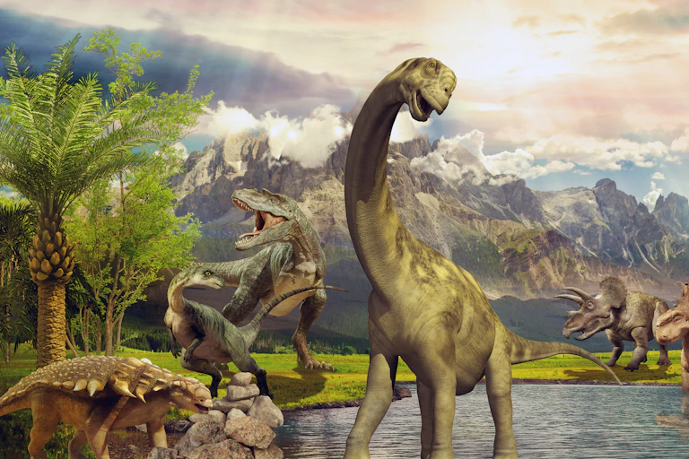 3D rendering of dinosaurs by a lake near mountains
