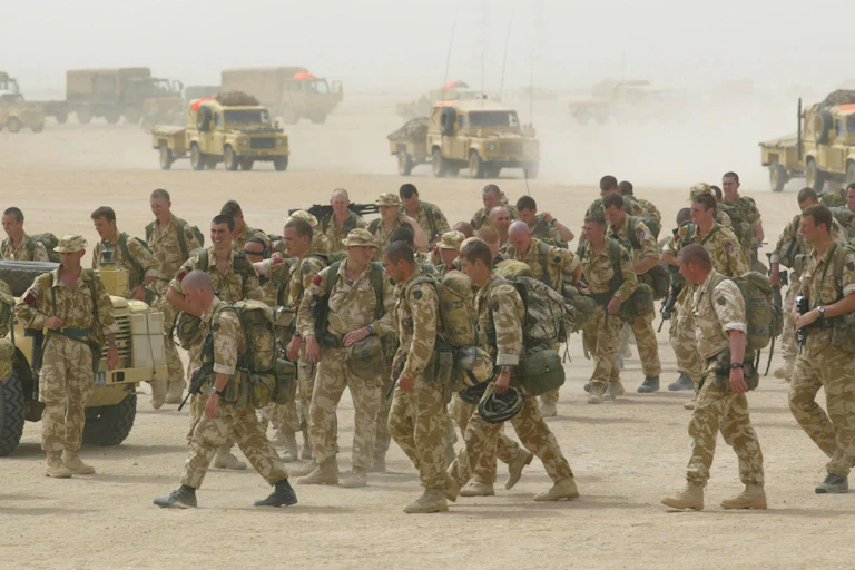 British soldiers train in the Kuwaiti desert in preparation for operations in Iraq.