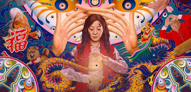 A psychedelic poster showing Michelle Yeo holding within her hands a googly eye.