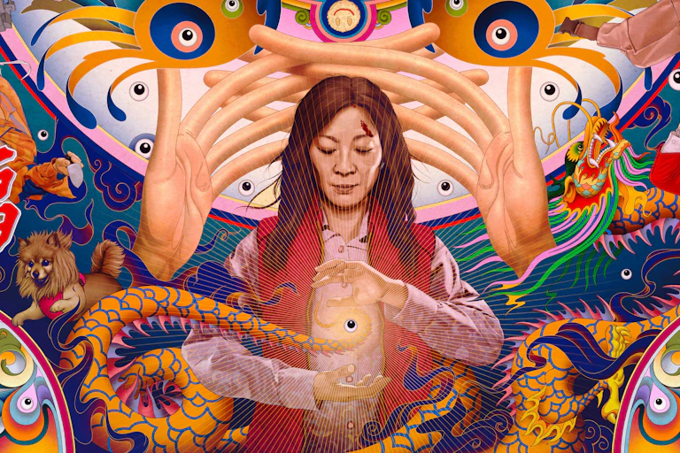 A psychedelic poster showing Michelle Yeo holding within her hands a googly eye.