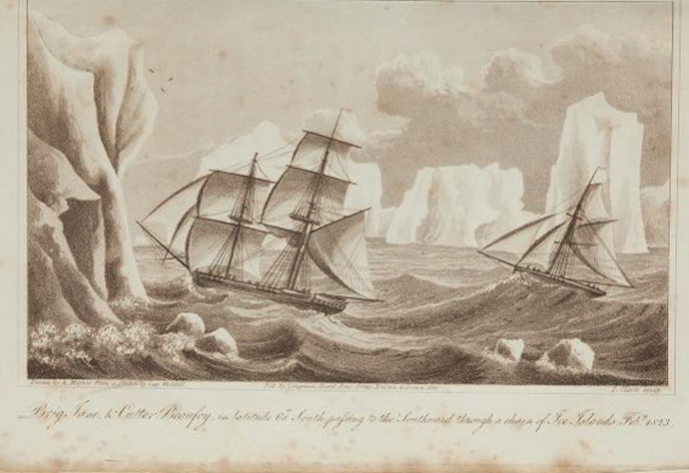 Ilustración de un barco cruzando un mar de hielo.