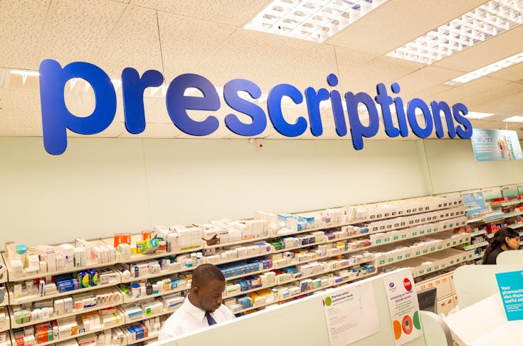 The prescriptions counter at a pharmacy.