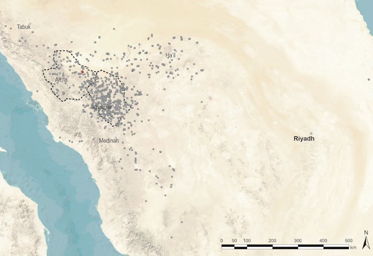 Map of Saudi Arabia showing the locations of the known mustatils.