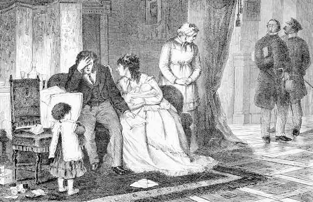 Family disaster, father goes bankrupt, vintage engraving