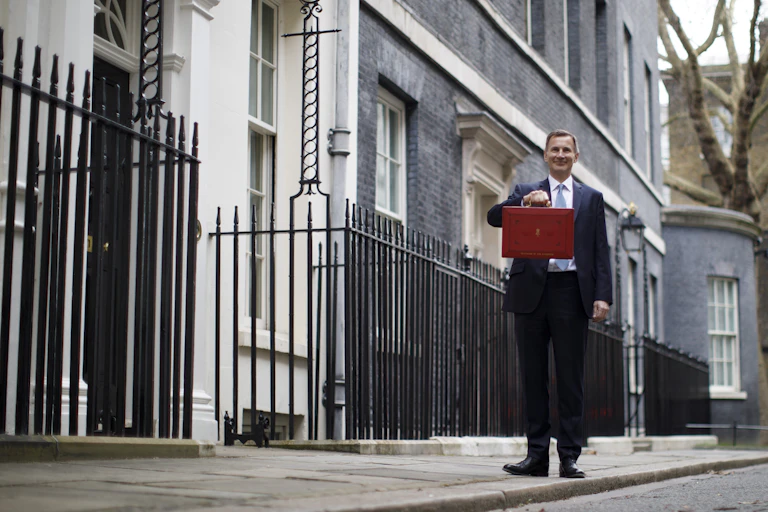 British Chancellor of Exchequer Jeremy Hunt poses with the Budget Box as he leaves 11 Downing Street before presenting the government's annual budget to Parliament in London, Britain, 15 March 2023.