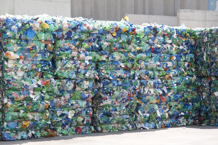 A wall of tightly packed plastic bottles.