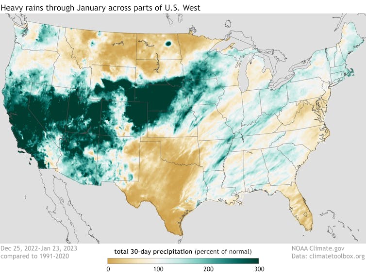 A US map shows heavy rain across much of California, Nevada, Utah, Colorado, Wyoming, Nebraska and Arizona