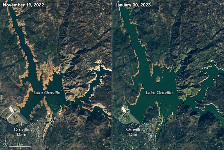 Two images of Lake Oroville, from November 2022 to late January 2023 show a sharp decline in water levels and a wide ring around the edge.