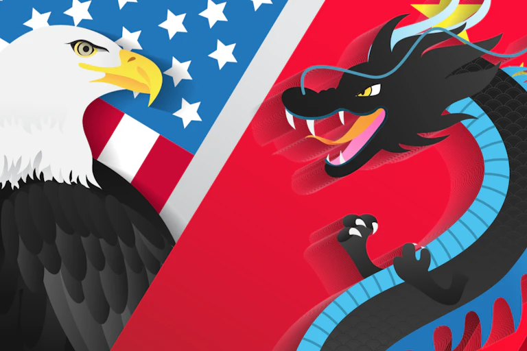 Emblèmes stylisés des États-Unis (le pygargue) et de la Chine (le dragon) sur fond de leurs drapeaux respectifs
