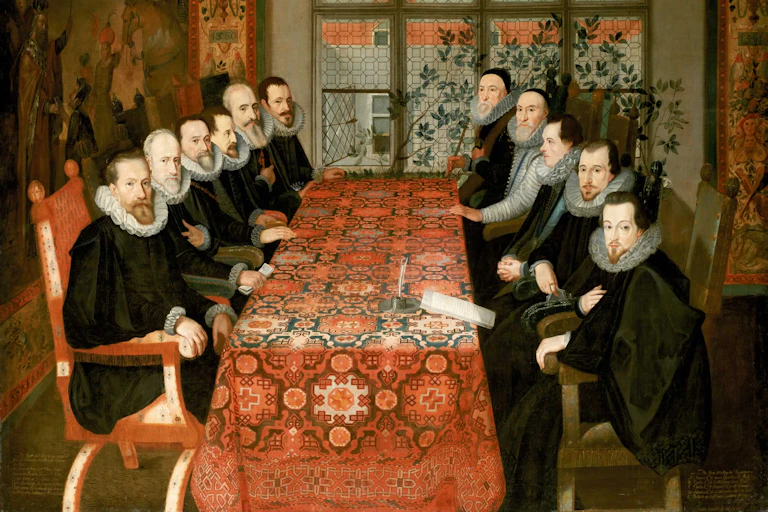 Pintura que representa a las delegaciones española e inglesa durante las reuniones de paz.