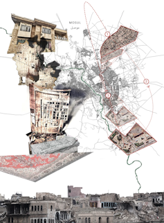 a collage showing fractured images of houses and prayer mats floating over a skyline