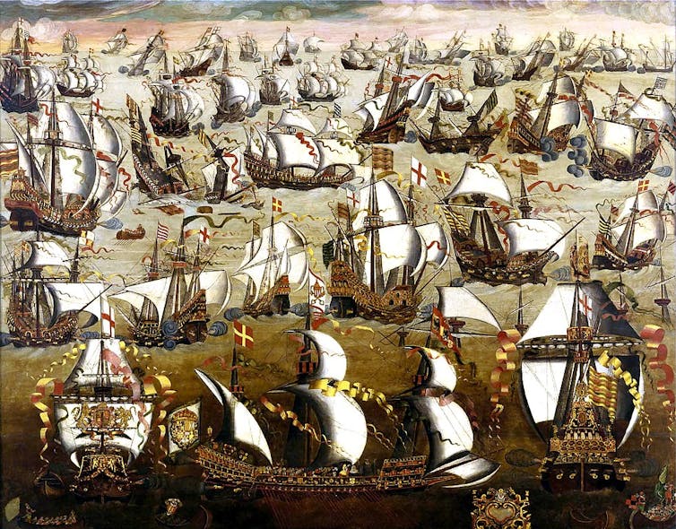 La leyenda blanca contra la leyenda negra: la respuesta española a la propaganda inglesa 1 Pintura de barcos ingleses frente a la Armada Invencible española.