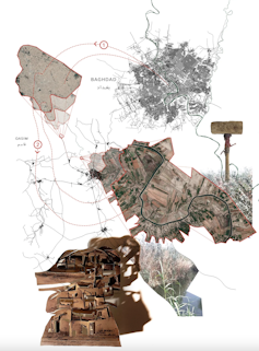 a collage showing sheltering in mud houses in the Iraqi Marshes and a wooden tool used to grind flour