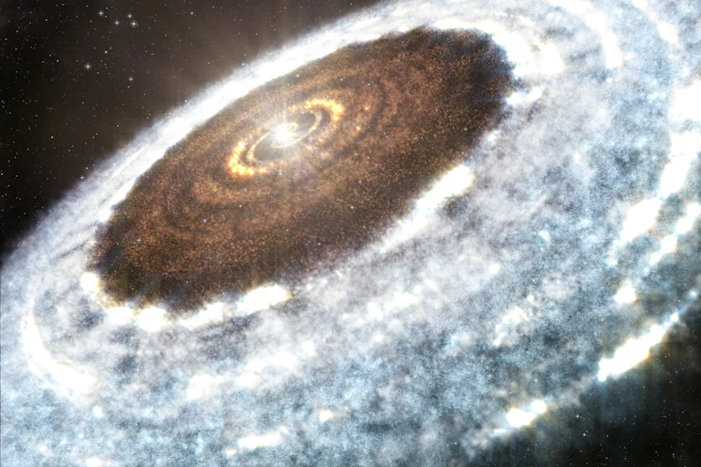 An image of a bright star surrounded by a large, multi-colored disk.