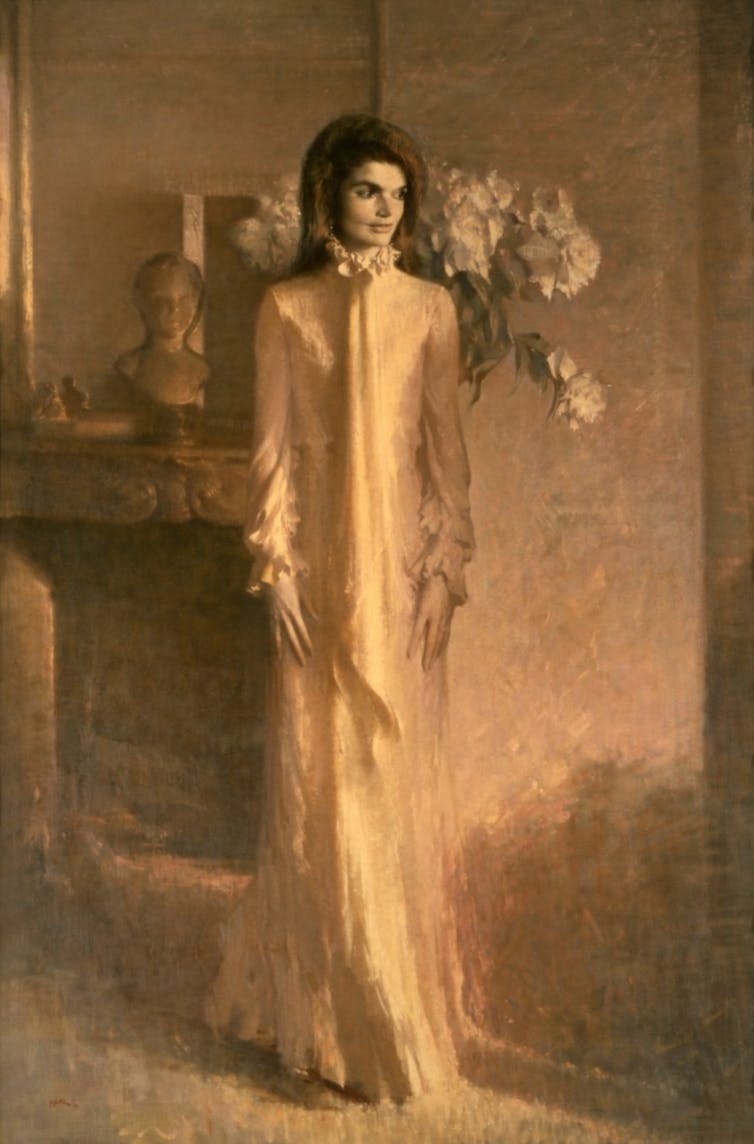 A woman wears a long white dress in a sepia colored painting.