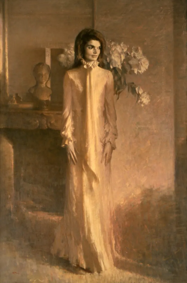 A woman wears a long white dress in a sepia colored painting.