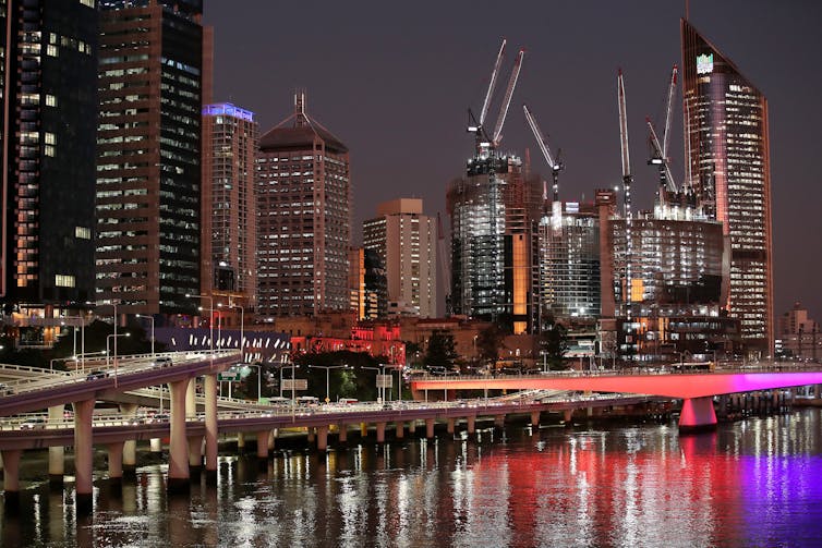 Lit-up city skyline at night