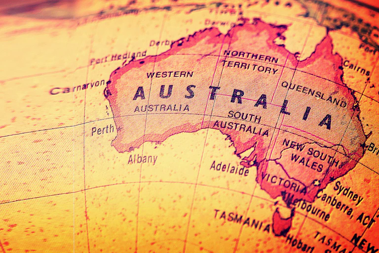 Close-up of Australia map on a globe