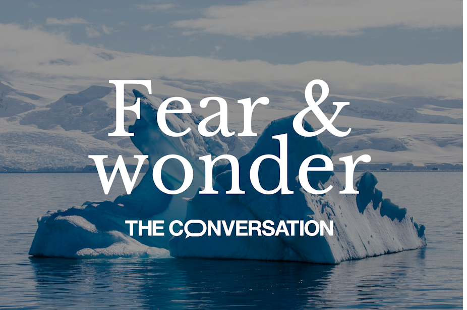 Fear and Wonder podcast logo superimposed over photo of small iceberg
