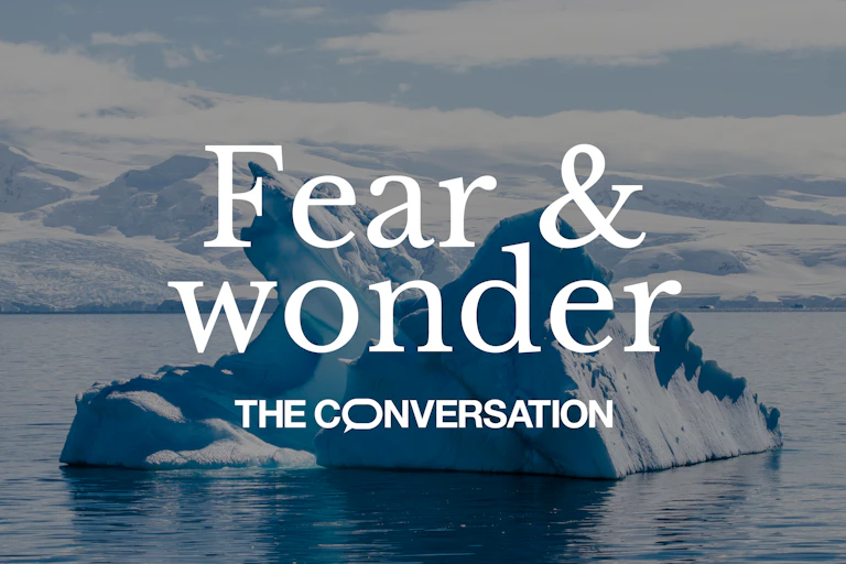 Fear and Wonder podcast logo superimposed over photo of small iceberg