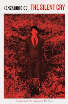 The cover of a book featuring a red -tinged pictured of a man in a suit standing in forest.
