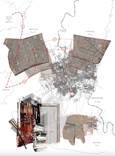 a collage showing a map of Baghdad, the iron gate to Zeinab's home, and her father's books
