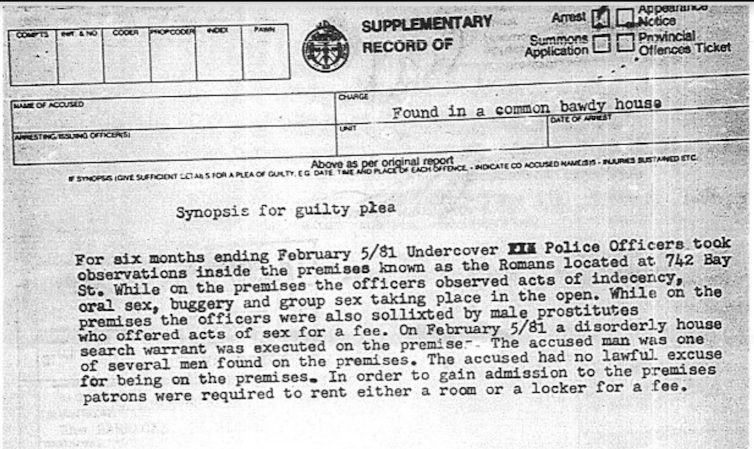 A rap sheet lists alleged offences after an arrest of a gay man in 1981.