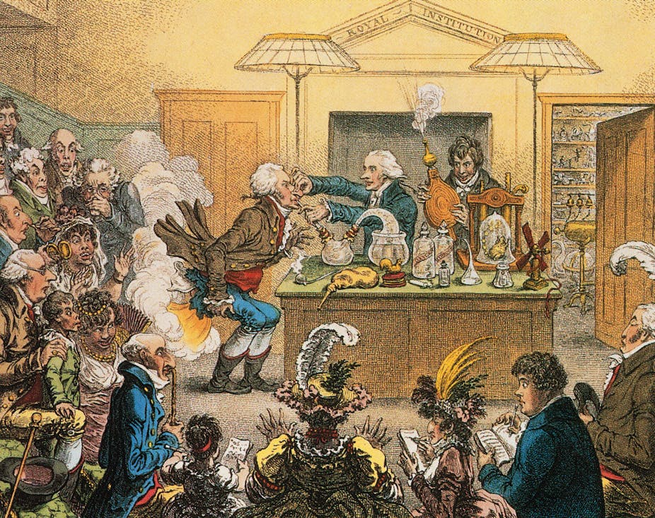 An etching of a Royal Institution lecture by James Gillray (1802). Davy is on the right, holding the bellows. 