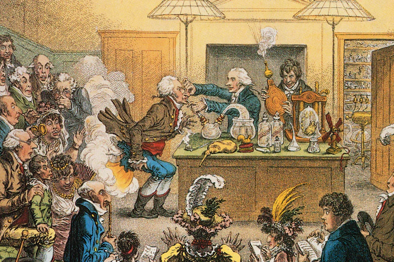 An etching of a Royal Institution lecture by James Gillray (1802). Davy is on the right, holding the bellows.