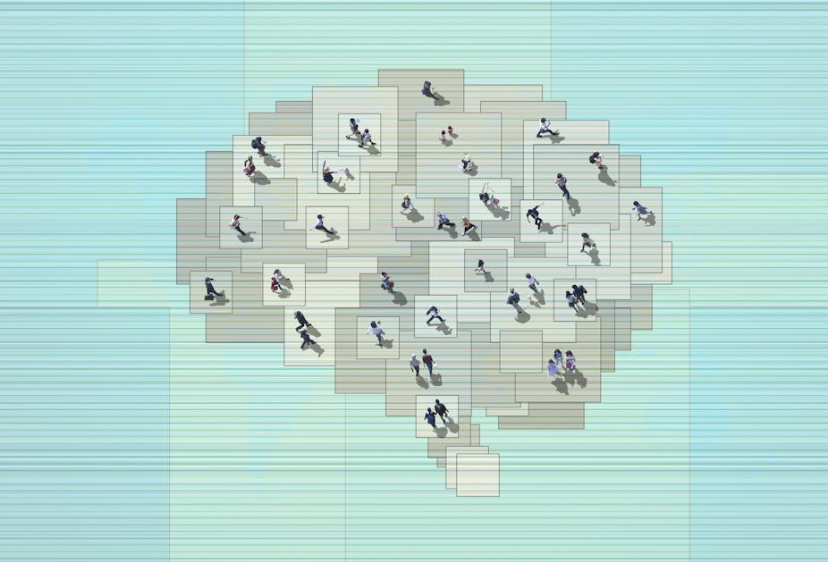 Illustration of small figures of people walking on brain composed of hatched gray squares