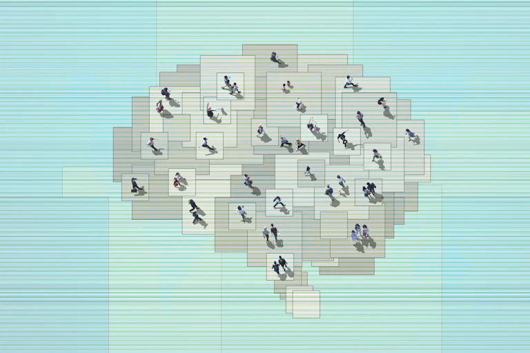 Illustration of small figures of people walking on brain composed of hatched gray squares
