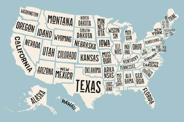 A map of the U.S. with state names.