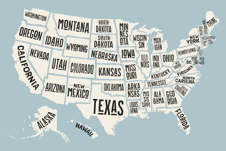A map of the U.S. with state names.
