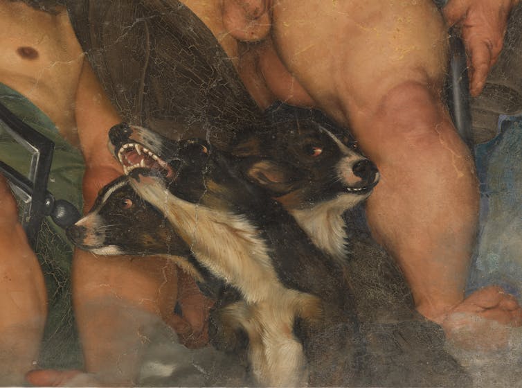 Painting detail of a three-headed dog.