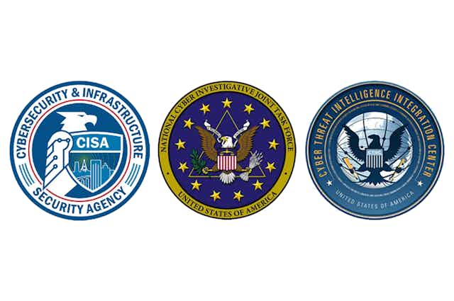 three circular crests in a horizontal row, each containing a stylized eagle