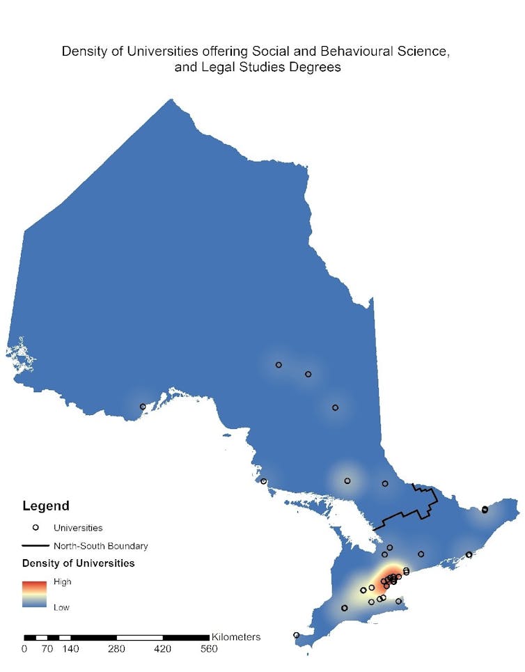 Map of Ontario showing concentration of programs much lower in the south.
