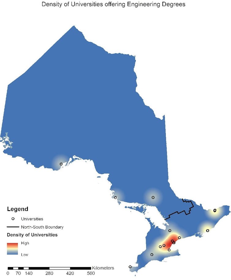 Map of Ontario showing concentration of programs much lower in the south.