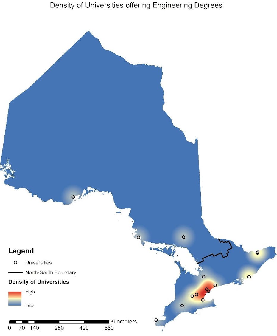 Map of Ontario showing concentration of programs much lower in the south.