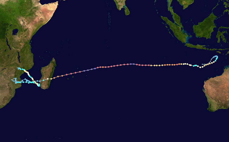 A map of the Indian Ocean showing Cyclone Freddy's path.