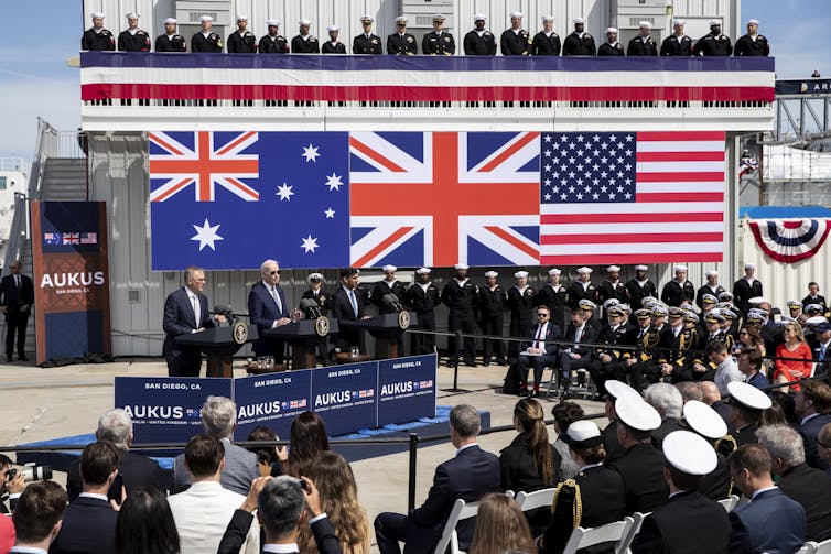 Australia's Prime Minister Anthony Albanese with US President Joe Biden and UK Prime Minister Rishi Sunak, announcing the subs deal at the US naval base in San Diego, California, March 13 2023.