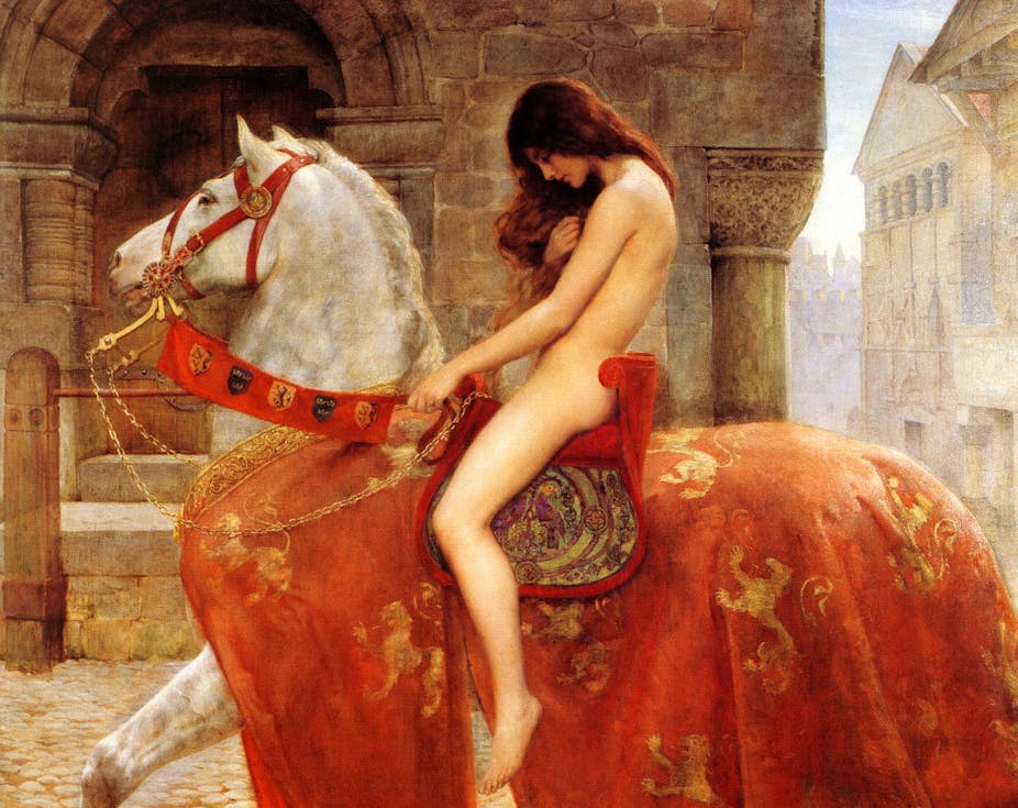 A painting of naked Lady Godiva riding a horse. Her long red hair and placed arms cover her breasts.