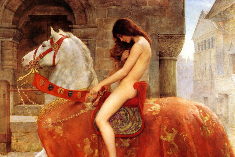 A painting of naked Lady Godiva riding a horse. Her long red hair and placed arms cover her breasts.