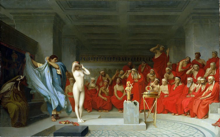 Painting of a naked woman covering her face, her robe removed by a man behind her, a group of shocked looking men in front of her.