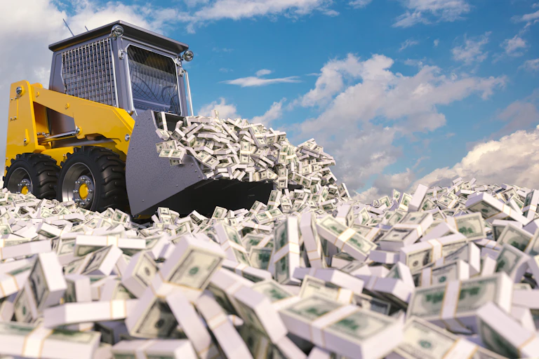 A bulldozer shovels up piles of cash.