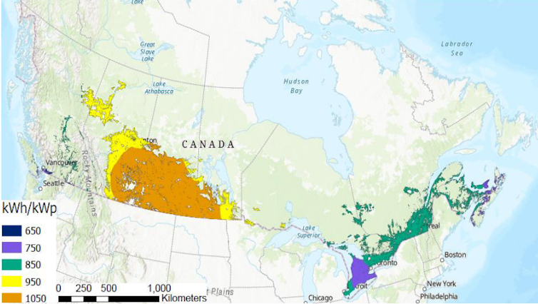 A map showing parts of Canada with high solar flux.