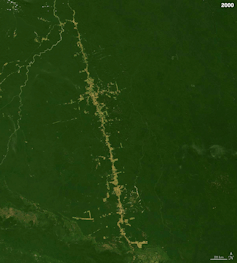An animation shows primarily the highway in 2000 but deforestation quickly expanding off of it over the following years.